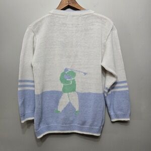 Basic Elements Vintage Golf Cardigan Sweater Blue White Ramie Cotton Womens M